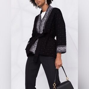 Maje Quilted Belted Jacket with White Paisley Trim